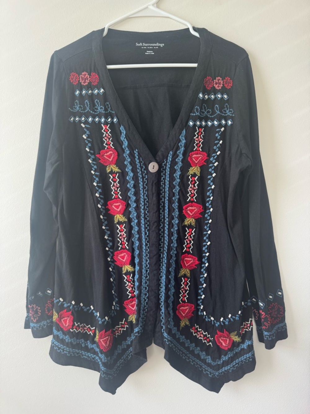 Soft Surroundings Tunic Top Size M Black Embroidered Floral Boho Art to Wear